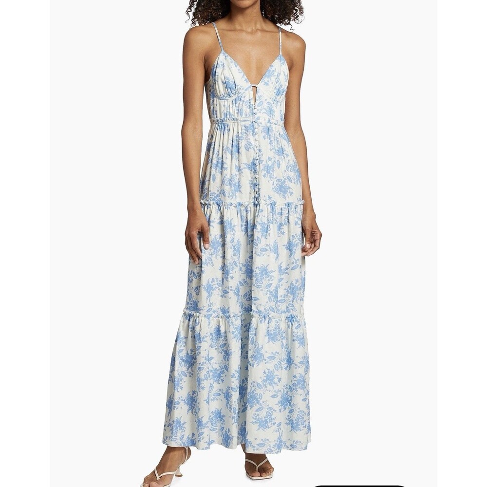 LoveShackFancy Garnita Dress Blue White Floral Linen Blend Tiered Maxi Sz 6